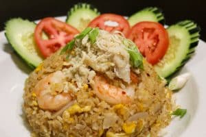 Crab and shrimp fried rice from Tasty Thai Tempe with scallions and rice, served near the Loop 101 and the U.S. 60 on Broadway