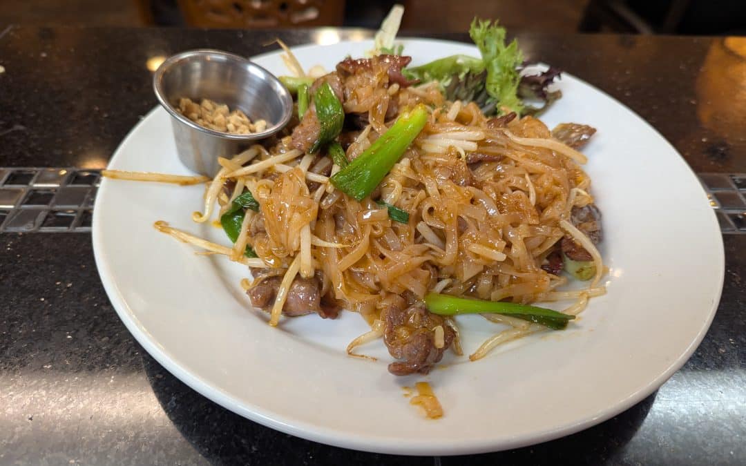 Pad Thai from Tasty Thai Tempe with rice noodles, egg, bean sprouts, and crushed peanuts near ASU campus.