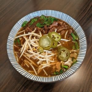 Thai boat noodle soup with beef, rice noodles and bean sprouts at Tasty Thai in Tempe.